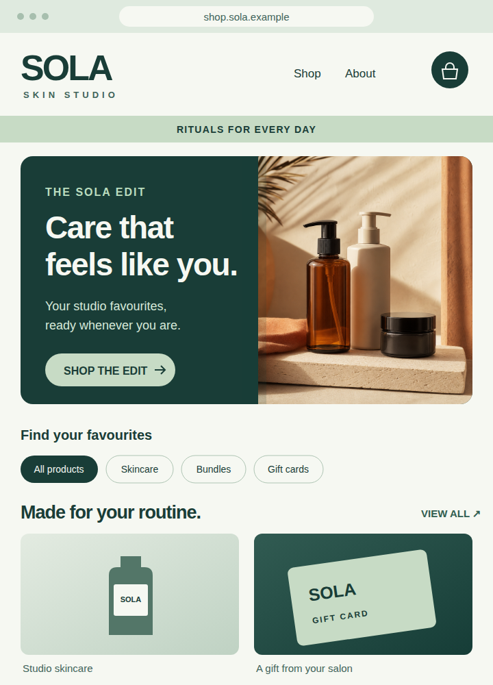 Illustrative personalised online store for SOLA Skin Studio, with salon branding, product categories and a curated care collection